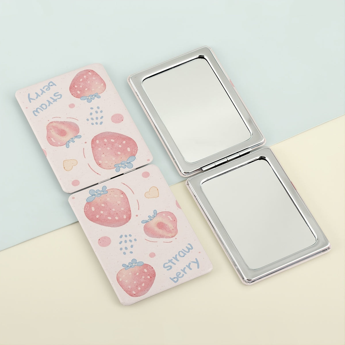1pc Strawberry Design Double-Sided Makeup Mirror, Polished Iron Frame, Tabletop Mount, Magnifying Glass Surface, Flower Theme, Unscented, No Battery Required