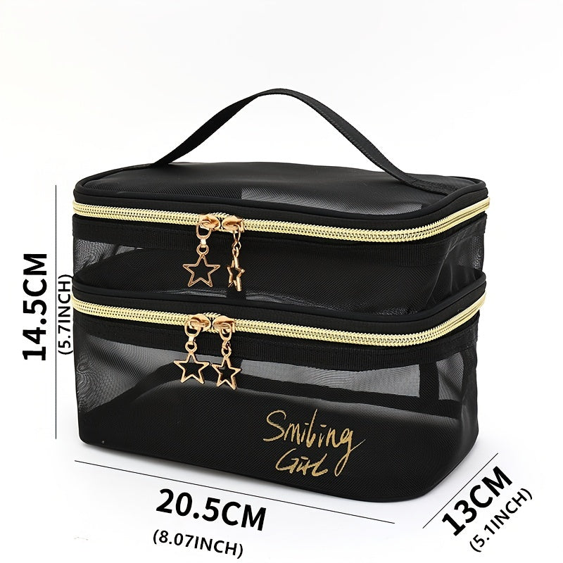Double Layer Makeup Clear Mesh Purse Toiletry Cosmetic Bags Womens Portable Organizer Travel Size Beach Tote, Zipper Makeup Storage Vacation Must Haves