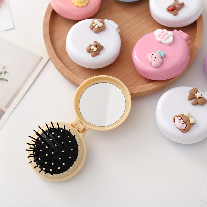 Cute Folding Airbag Comb With Mirror Cartoon Round Pocket Hair Brush With Makeup Mirror Compact Travel Hairbrush Mini Hair Massage Comb For Women And Girls