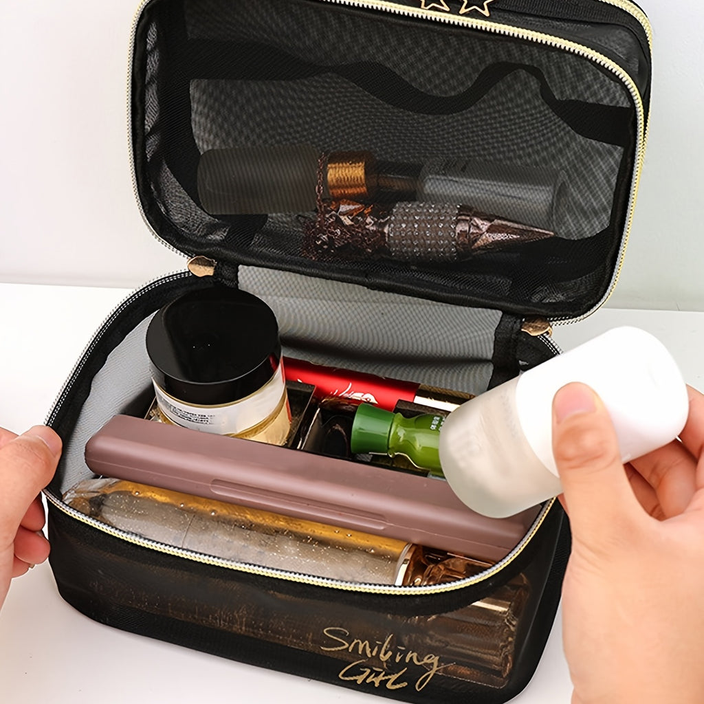 Double Layer Makeup Clear Mesh Purse Toiletry Cosmetic Bags Womens Portable Organizer Travel Size Beach Tote, Zipper Makeup Storage Vacation Must Haves