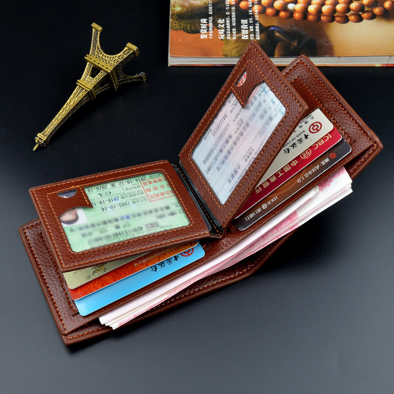 New wallet short men's driver's license thin wallet 30% discount horizontal business casual litchi pattern retro soft wallet