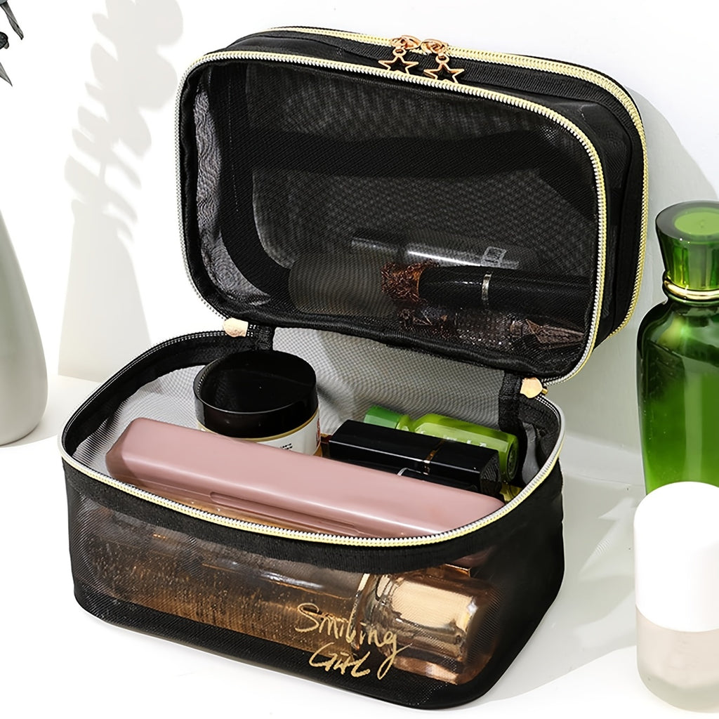 Double Layer Makeup Clear Mesh Purse Toiletry Cosmetic Bags Womens Portable Organizer Travel Size Beach Tote, Zipper Makeup Storage Vacation Must Haves