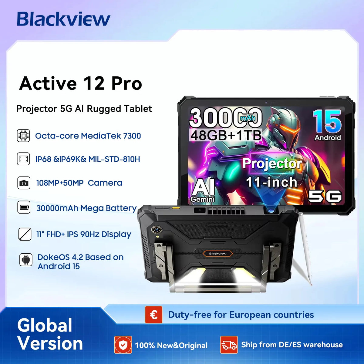 Blackview Active 12 Pro Rugged Tablet Android 15, Dimensity 7300 5G Pad 11 inch Widevine L1 Autofocus Projector, 16GB+ 1TB 30000mAh Tablet Phone 5G Calling