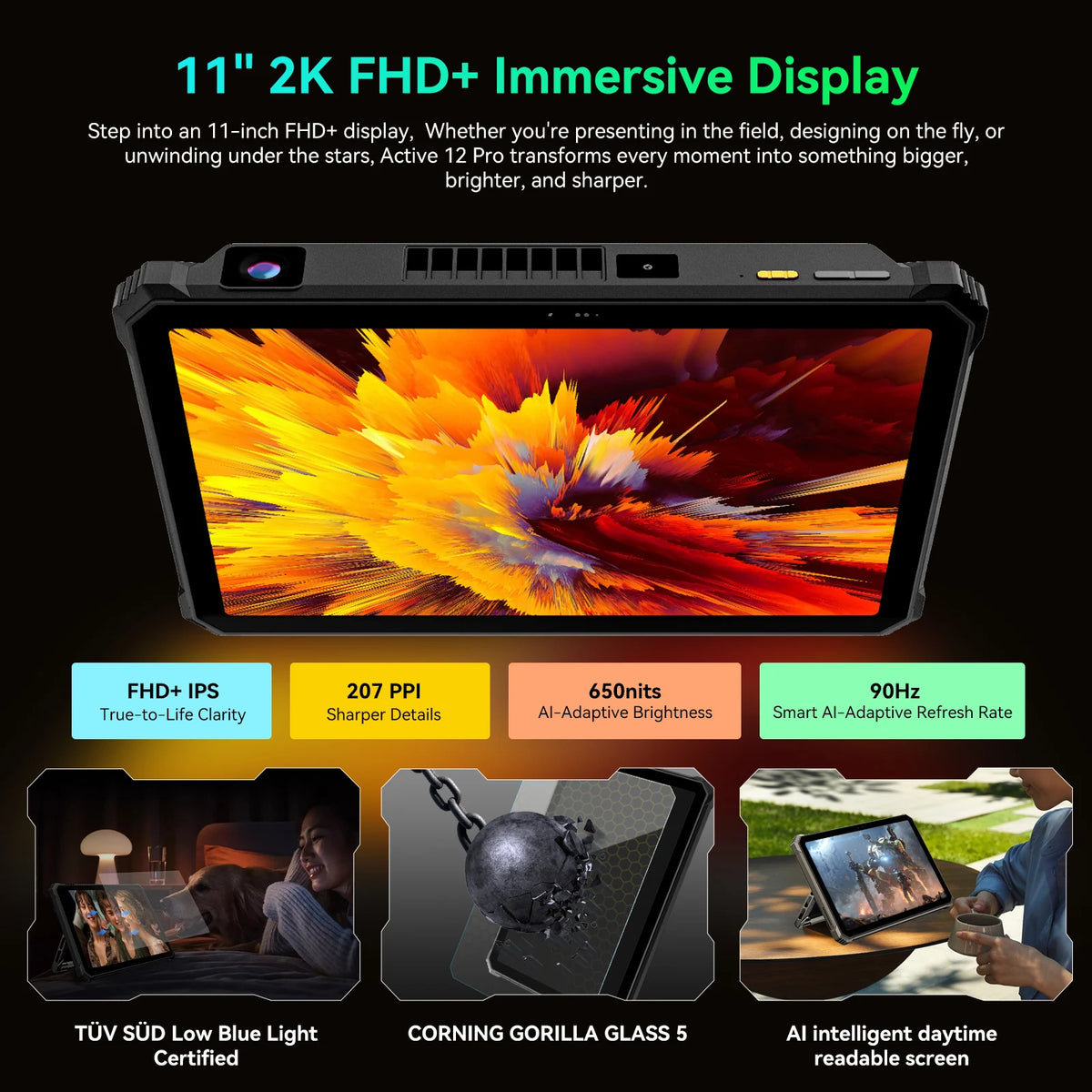 Blackview Active 12 Pro Rugged Tablet Android 15, Dimensity 7300 5G Pad 11 inch Widevine L1 Autofocus Projector, 16GB+ 1TB 30000mAh Tablet Phone 5G Calling