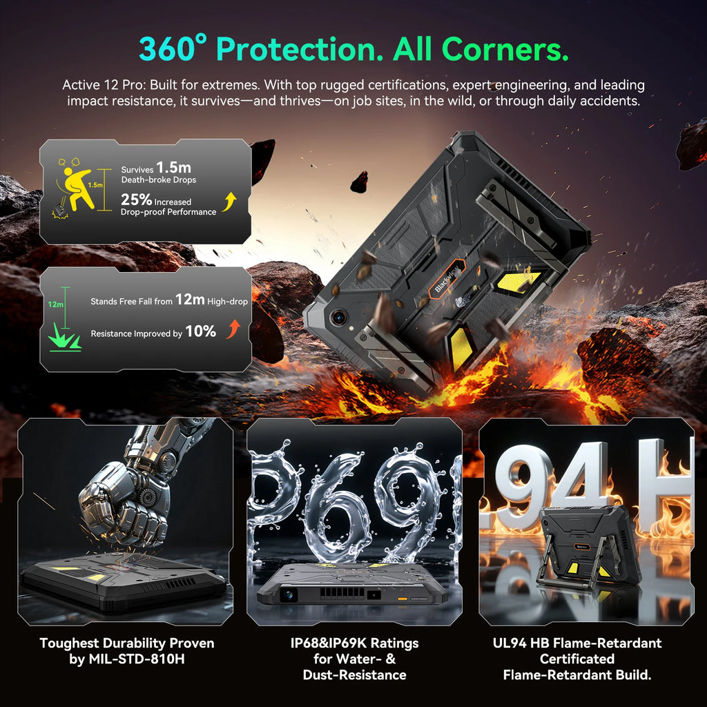 Blackview Active 12 Pro Rugged Tablet Android 15, Dimensity 7300 5G Pad 11 inch Widevine L1 Autofocus Projector, 16GB+ 1TB 30000mAh Tablet Phone 5G Calling