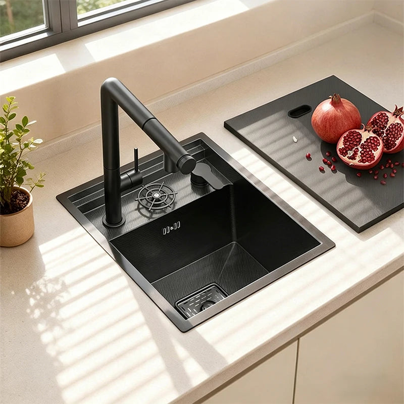 Rice Grain Emboss Stainless Steel Kitchen Sink Small Single Slot Hidden Multifunctional RV Bar Sinks With Lid Undermount Basin