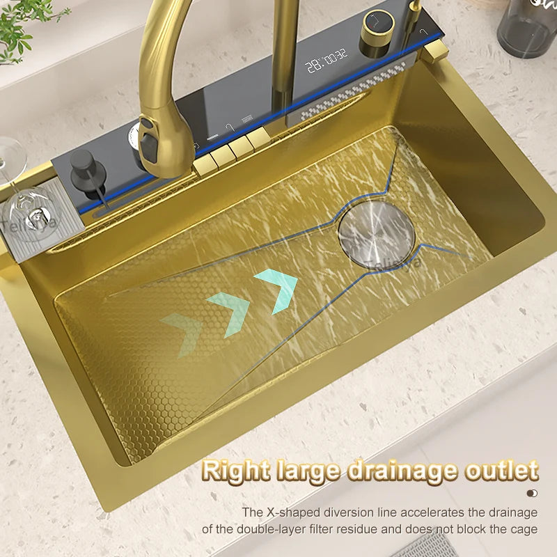 Multifunctional Stainless Steel Kitchen Sink Digital Display Faucet Stain Scratch Resistant Large Single Slot Wash Dish Basin