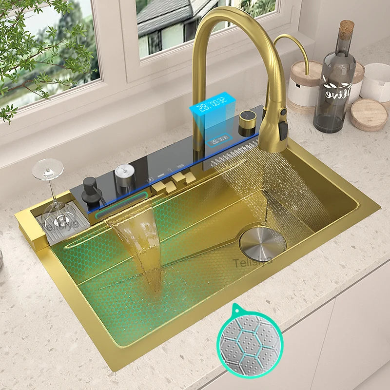Multifunctional Stainless Steel Kitchen Sink Digital Display Faucet Stain Scratch Resistant Large Single Slot Wash Dish Basin