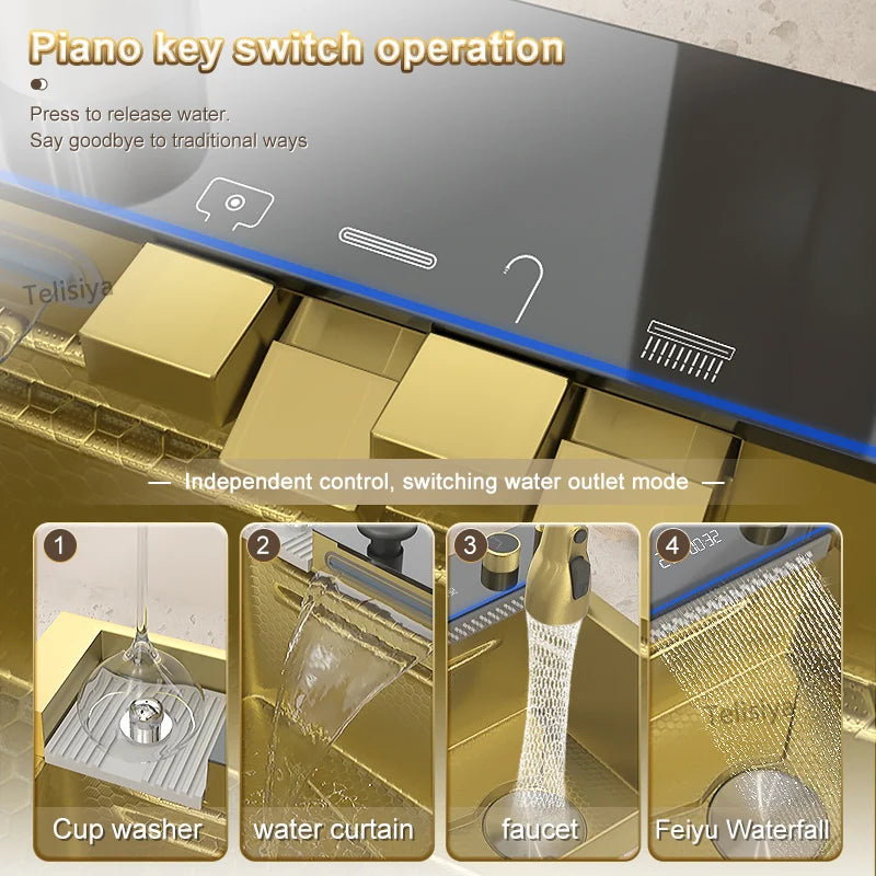 Multifunctional Stainless Steel Kitchen Sink Digital Display Faucet Stain Scratch Resistant Large Single Slot Wash Dish Basin
