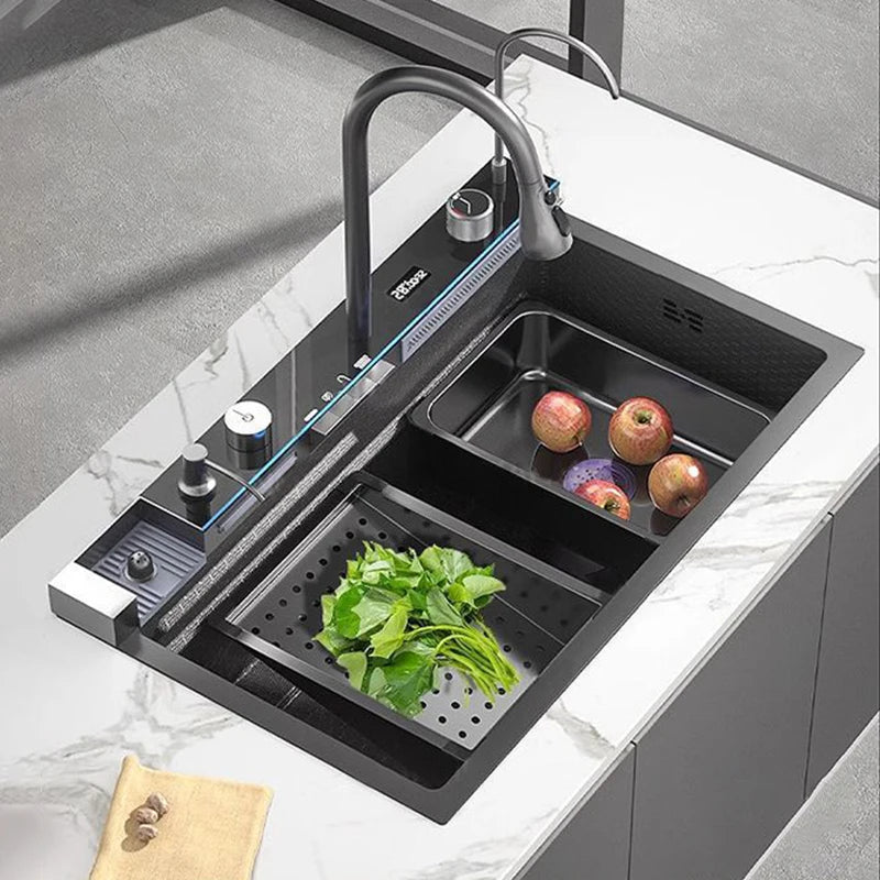Multifunctional Stainless Steel Kitchen Sink Digital Display Faucet Stain Scratch Resistant Large Single Slot Wash Dish Basin