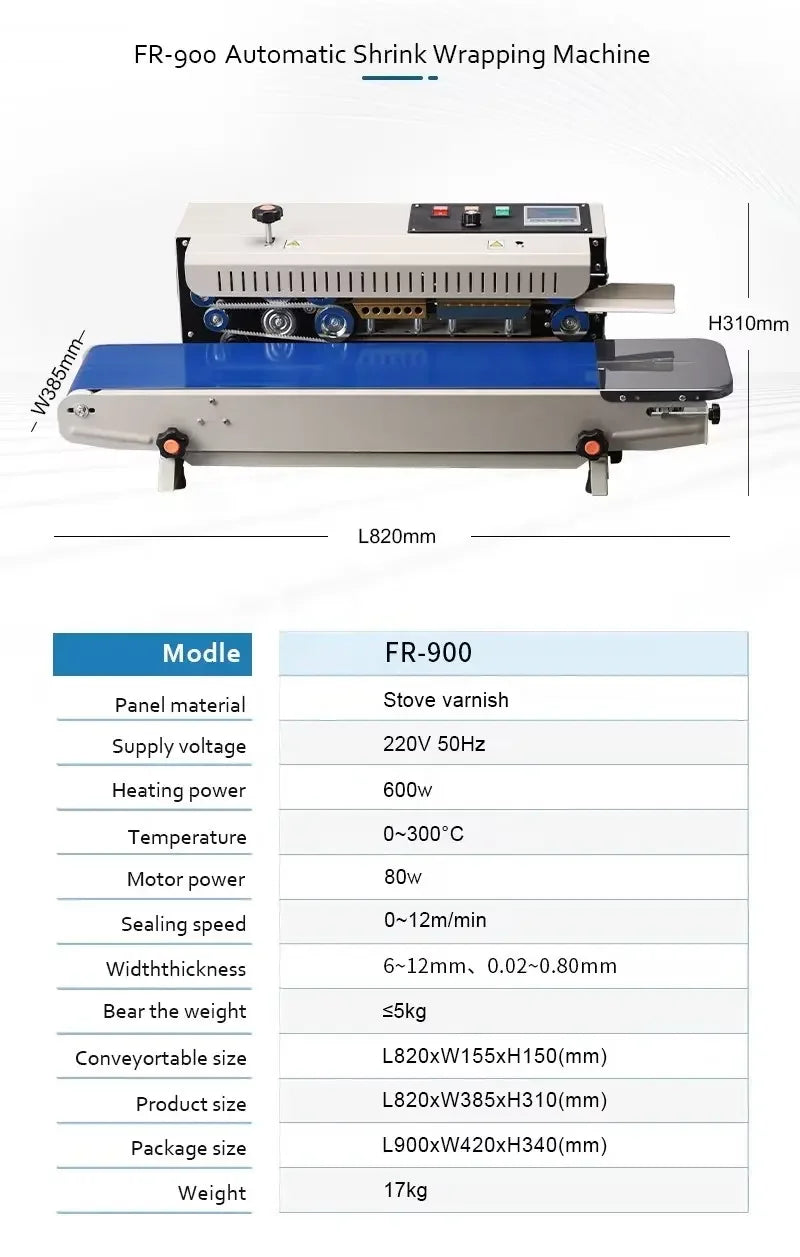 FR900 Continuous Band Sealer Automatic Horizontal Sealing Machine for Beverage and Apparel Packaging for Paper Plastic Bags