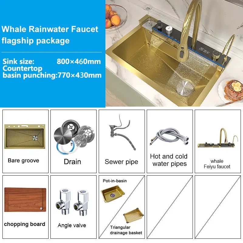Multifunctional Stainless Steel Kitchen Sink Digital Display Faucet Stain Scratch Resistant Large Single Slot Wash Dish Basin