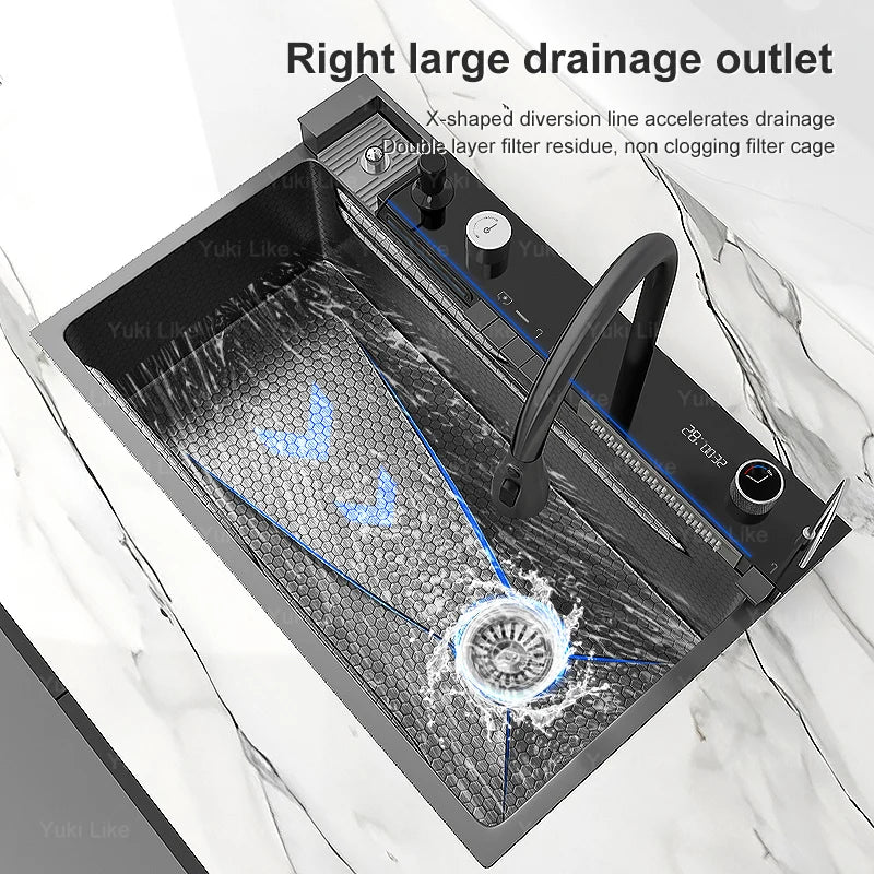 Multifunctional Stainless Steel Kitchen Sink Digital Display Faucet Stain Scratch Resistant Large Single Slot Wash Dish Basin