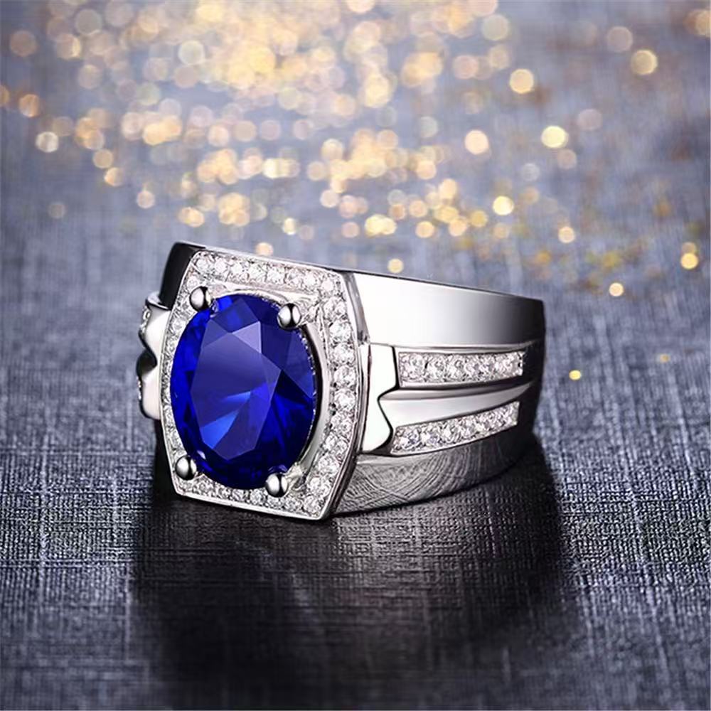 Hot Sold to Diamond Blue Diamond Men's Ring Myanmar Imitation Natural Sapphire Ring Plating 18K Gold Inlay Popular Ring