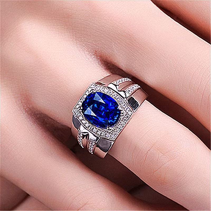 Hot Sold to Diamond Blue Diamond Men's Ring Myanmar Imitation Natural Sapphire Ring Plating 18K Gold Inlay Popular Ring