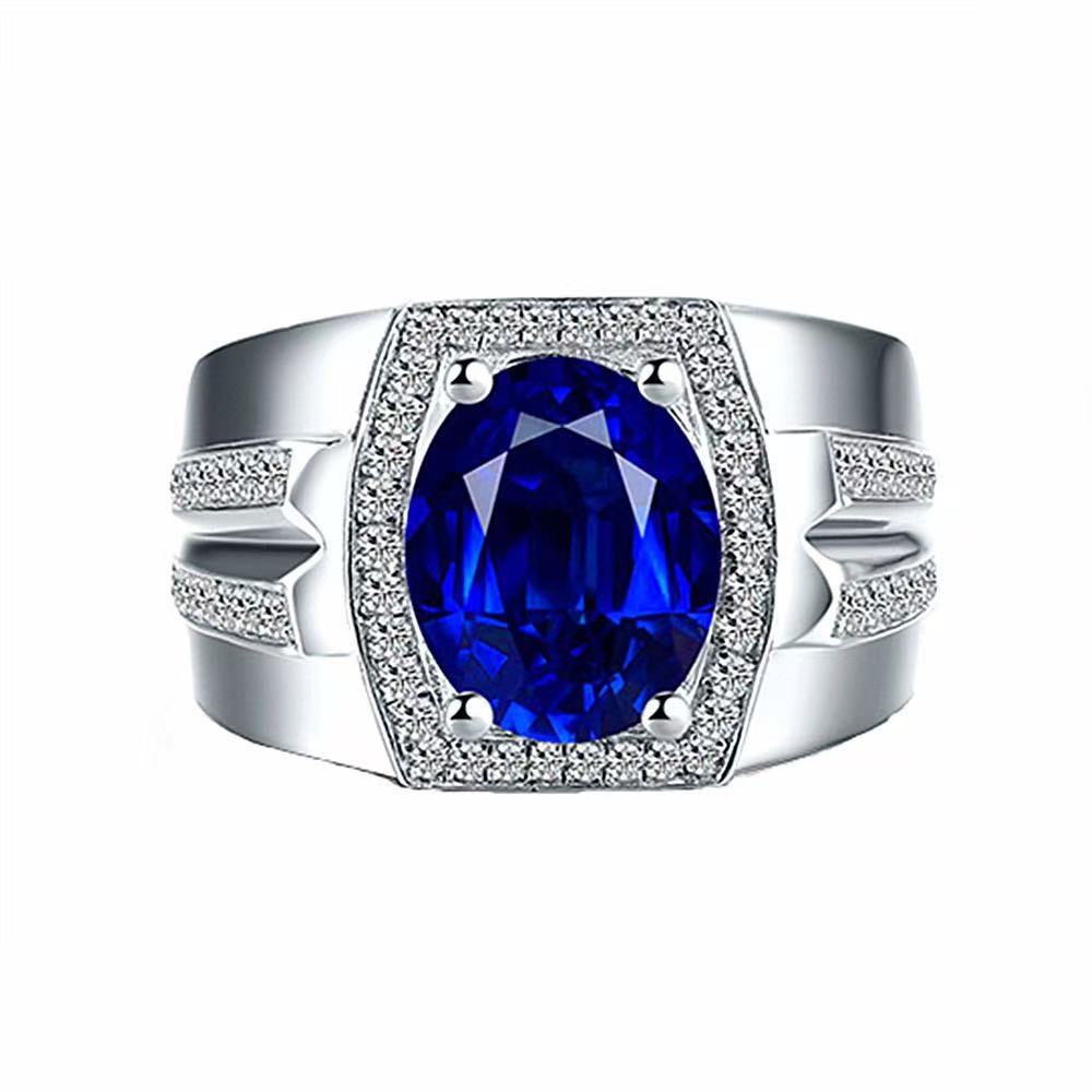 Hot Sold to Diamond Blue Diamond Men's Ring Myanmar Imitation Natural Sapphire Ring Plating 18K Gold Inlay Popular Ring