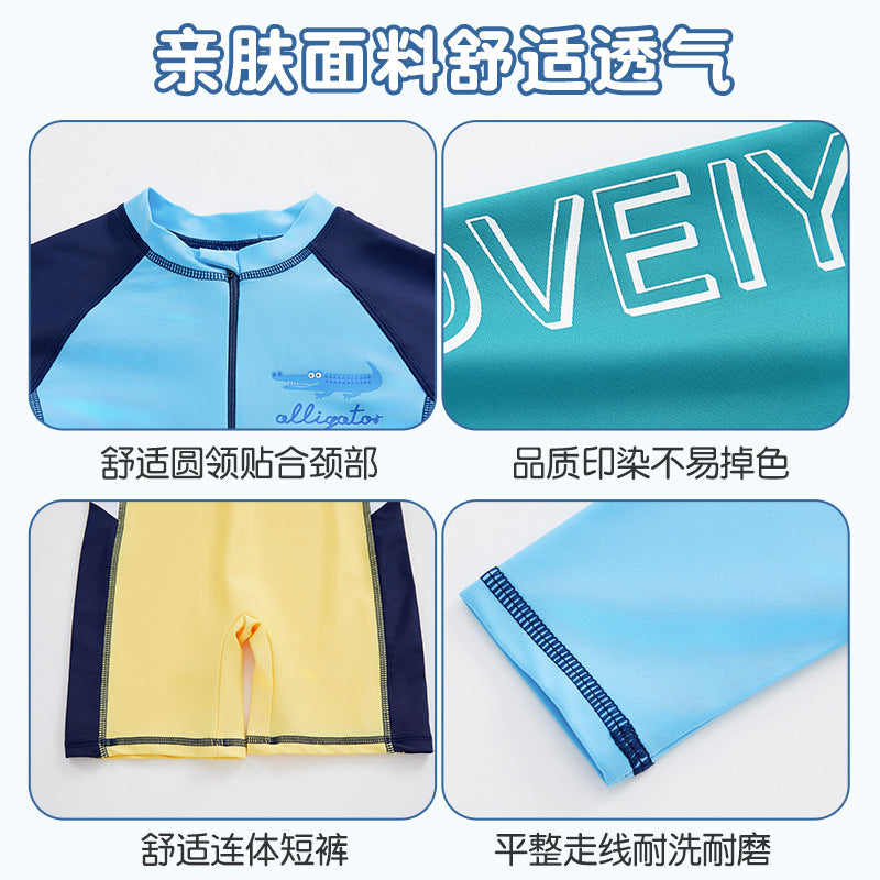Children's Swimwear Men's Long-Sleeved Sunscreen Quick-Drying Swimwear for Middle School and Big Children's Swimming recommend Cartoon Crocodile Swimwear for Students