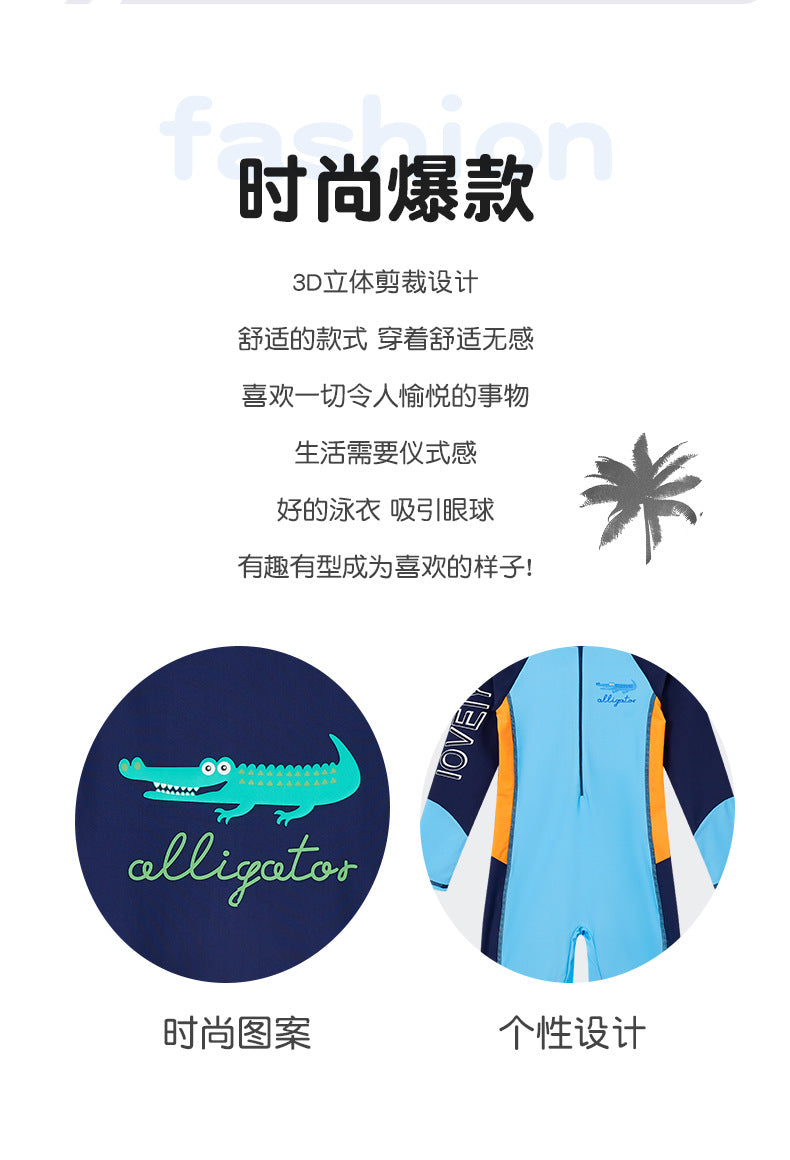Children's Swimwear Men's Long-Sleeved Sunscreen Quick-Drying Swimwear for Middle School and Big Children's Swimming recommend Cartoon Crocodile Swimwear for Students