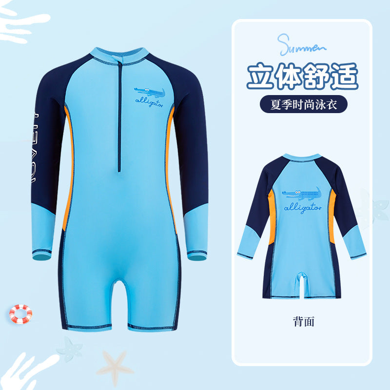 Children's Swimwear Men's Long-Sleeved Sunscreen Quick-Drying Swimwear for Middle School and Big Children's Swimming recommend Cartoon Crocodile Swimwear for Students