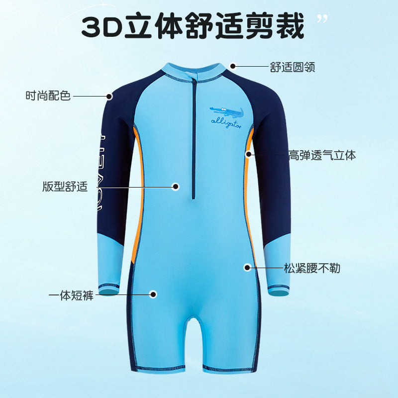 Children's Swimwear Men's Long-Sleeved Sunscreen Quick-Drying Swimwear for Middle School and Big Children's Swimming recommend Cartoon Crocodile Swimwear for Students