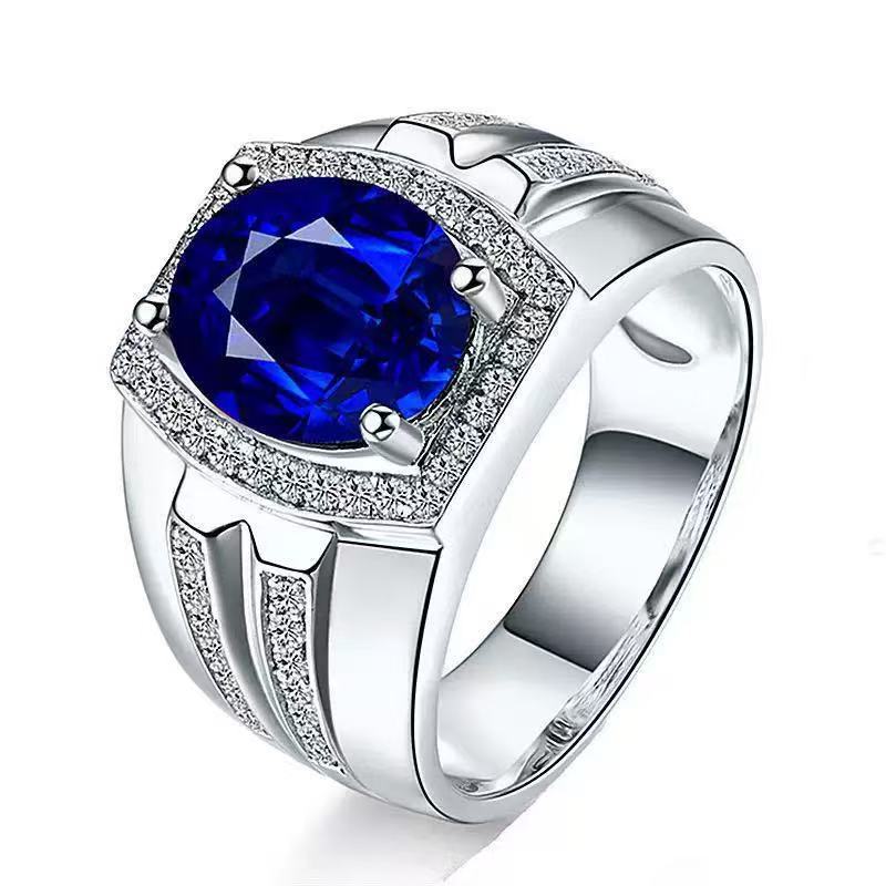 Hot Sold to Diamond Blue Diamond Men's Ring Myanmar Imitation Natural Sapphire Ring Plating 18K Gold Inlay Popular Ring