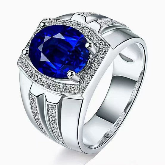 Hot Sold to Diamond Blue Diamond Men's Ring Myanmar Imitation Natural Sapphire Ring Plating 18K Gold Inlay Popular Ring