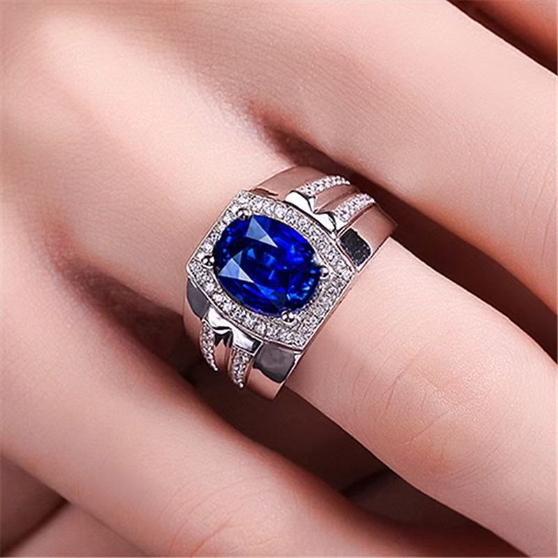 Hot Sold to Diamond Blue Diamond Men's Ring Myanmar Imitation Natural Sapphire Ring Plating 18K Gold Inlay Popular Ring