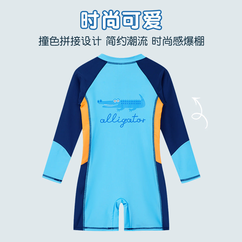 Children's Swimwear Men's Long-Sleeved Sunscreen Quick-Drying Swimwear for Middle School and Big Children's Swimming recommend Cartoon Crocodile Swimwear for Students