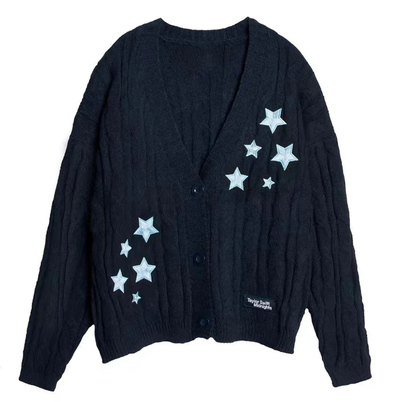 Elegant Star Print Knit Cardigan Women's Loose Long Sleeve Single Breasted Sweater 2025 Autumn Lady Fashion Soft Cozy Cover Up