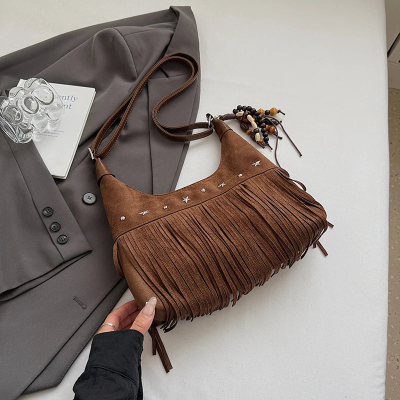 MOODS Fashion Shoulder Bags For Women Rivets Tassels Decored PU Suede Cross Body Bag 2025 Autumn Latest Luxury Designer Handbags