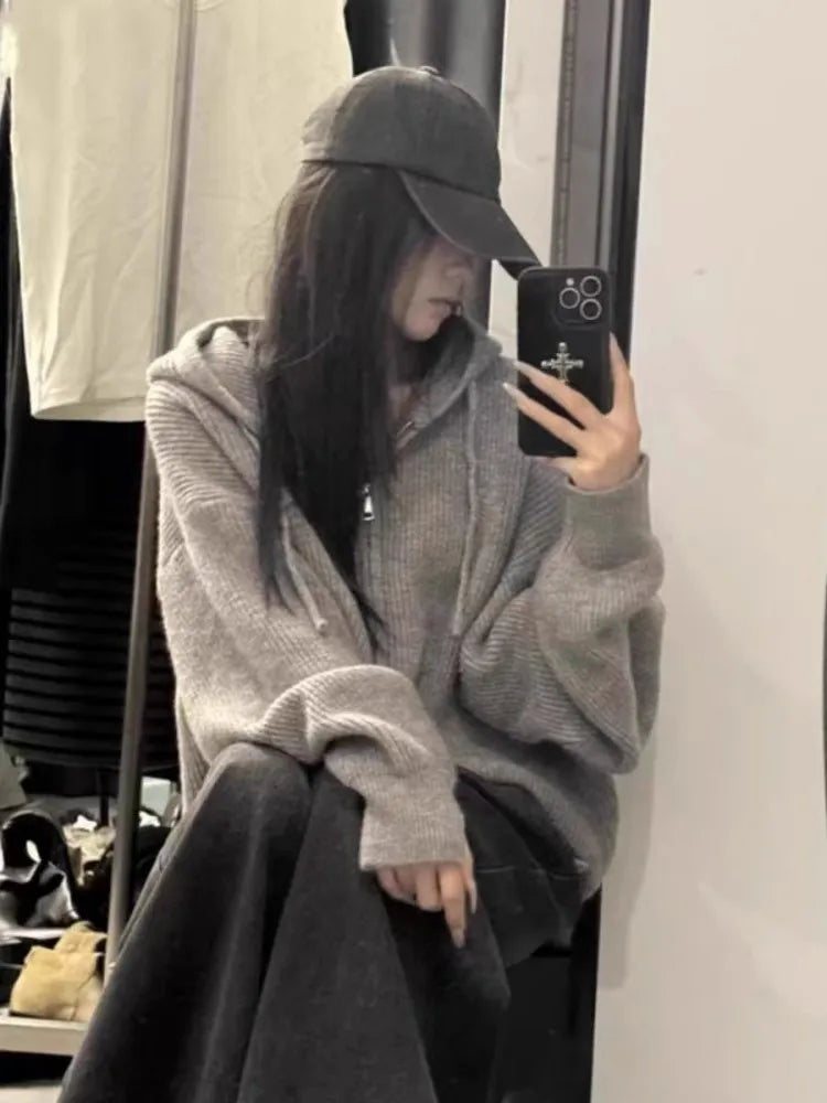 High-end zipper hooded pure cashmere knitted cardigan women's autumn and winter loose woolen coat hoodie and wool jacket