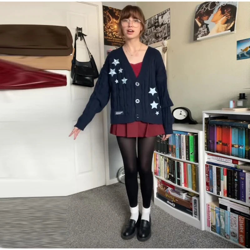 Elegant Star Print Knit Cardigan Women's Loose Long Sleeve Single Breasted Sweater 2025 Autumn Lady Fashion Soft Cozy Cover Up