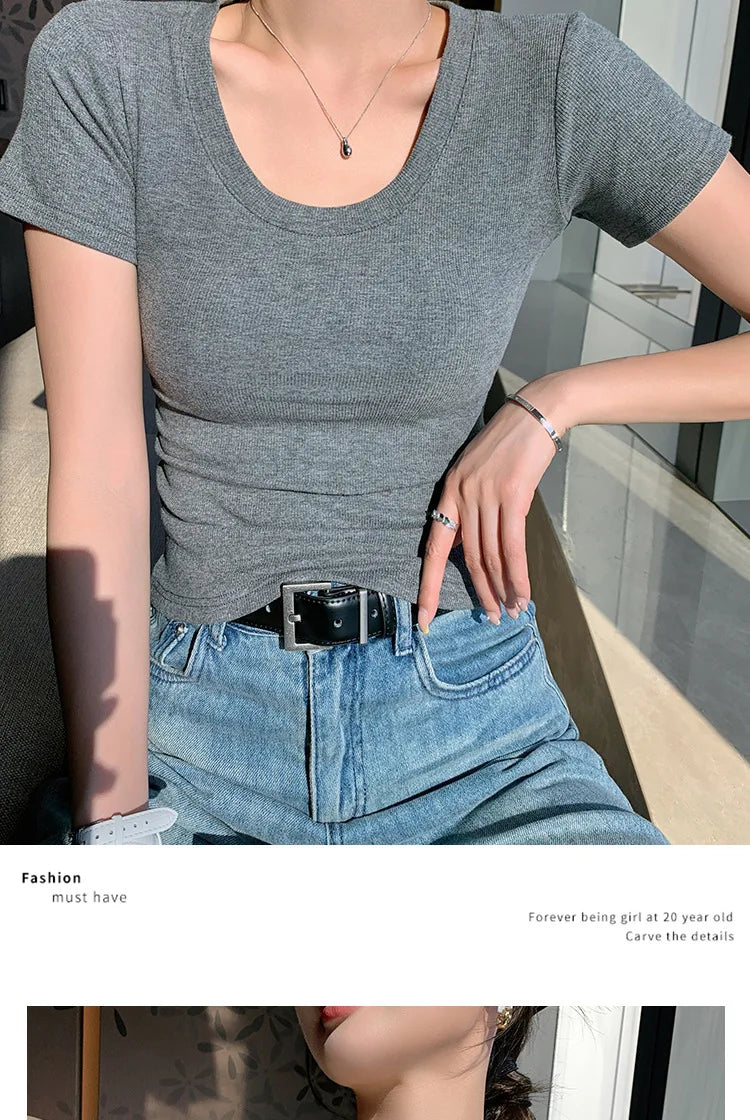 BIVIGAOS Summer New Solid Color U-Neck Short Sleeve T-Shirt Women Casual Fashionable Threaded Cotton Slim Tshirt Top