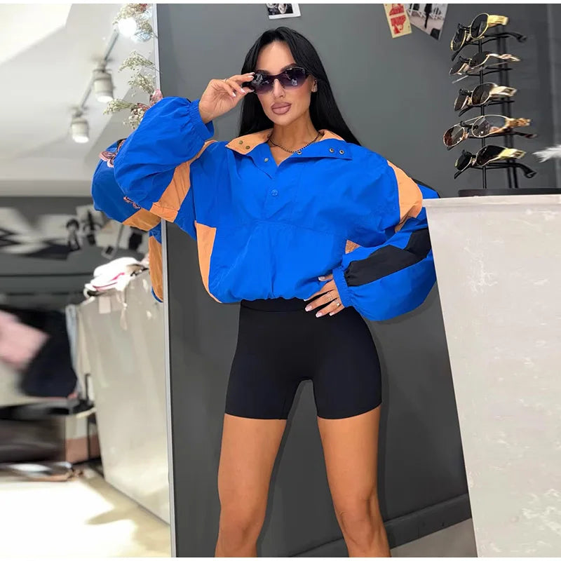 Casual Contrast Color Women's Coat Long Sleeve Loose Stand Collar Button Lady Jackets 2026 Fashion Female Autumn Outerwear