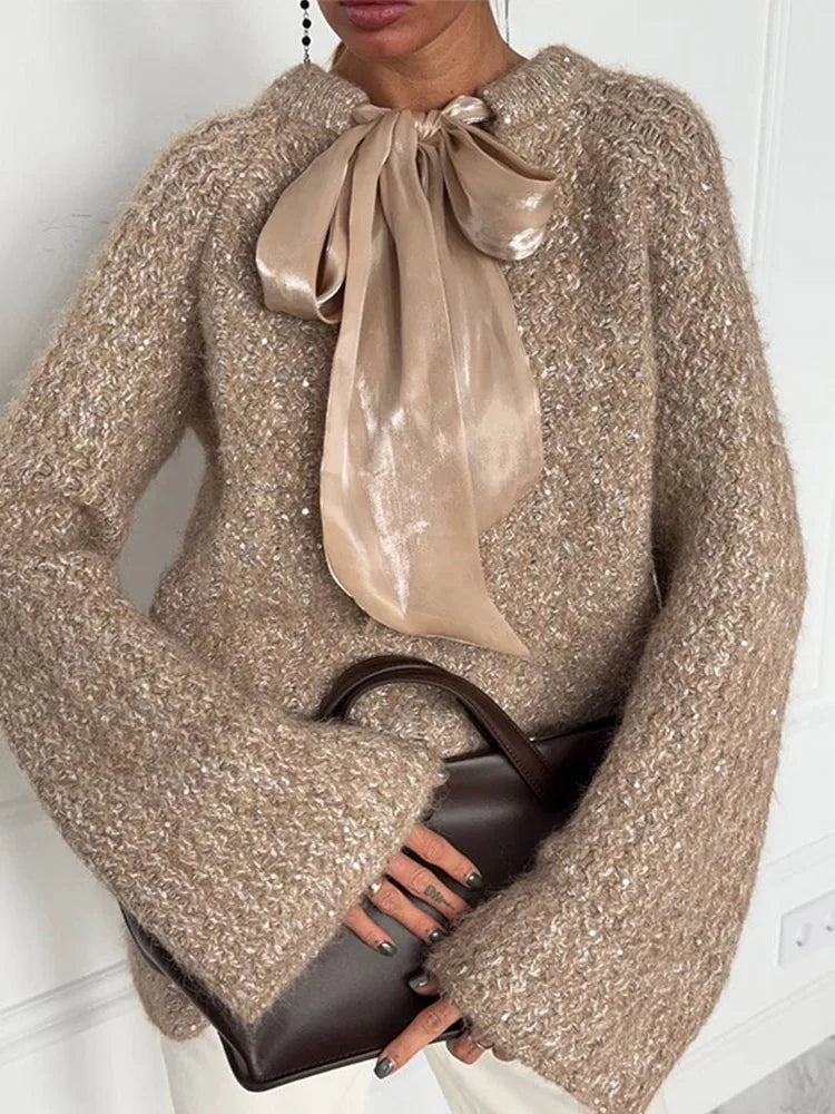 Shiny Thread Knit Pullover Women Loose O Neck Lace Up Bow Long Sleeves Sweater Female 2025 Autumn Winter New Chic Solid Knitwear