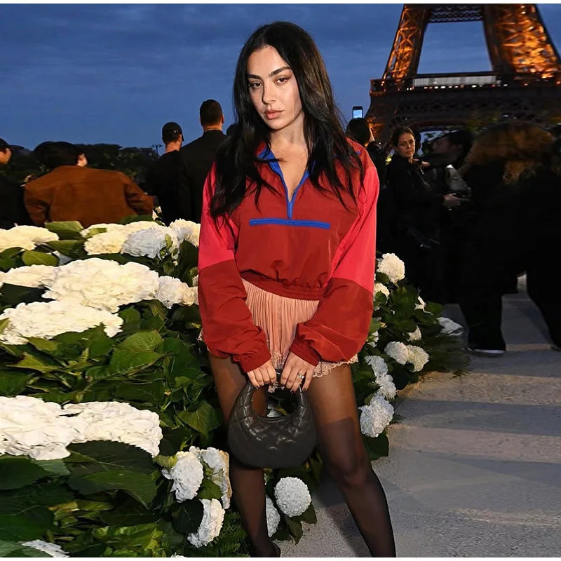 Fashion Color Blocking Women's Cropped Coats Autumn Patchwork Lapel Full Sleeve Loose Jacket New Casual Street Outwear 2026