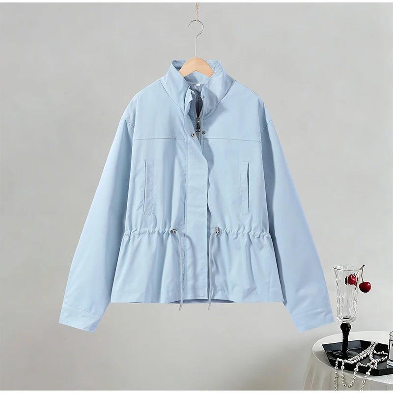 Fashion Solid Drawstring Waist Cinching Jacket Women Stand Full Sleeve Full Sleeve Pocket Jackets 2026 Autumn Casual Outwear