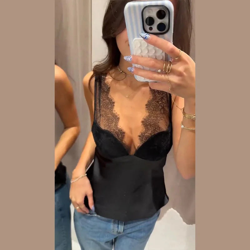 Sexy Women's Sling Lace Silk-Faced N-Neck Black Sleeveless Lady Top 2025 Autumn Winter Elegant Women Vest Streetwear