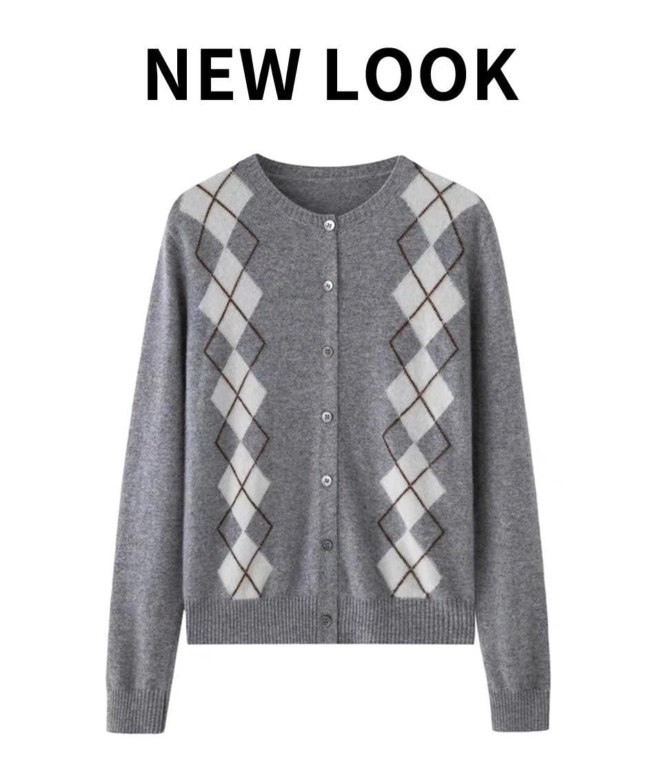 Quality Women's 100% Merino Wool O-neck Diamond Grid Jacquard Cardigan Autumn Winter Casual Sweater Basic Simple Comfort Knitted