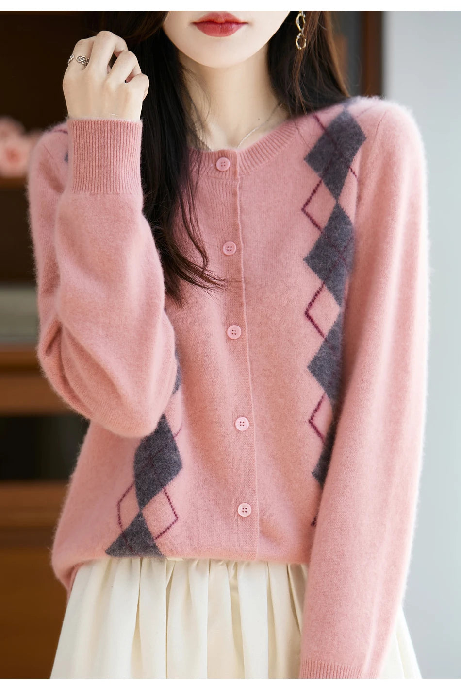 Quality Women's 100% Merino Wool O-neck Diamond Grid Jacquard Cardigan Autumn Winter Casual Sweater Basic Simple Comfort Knitted