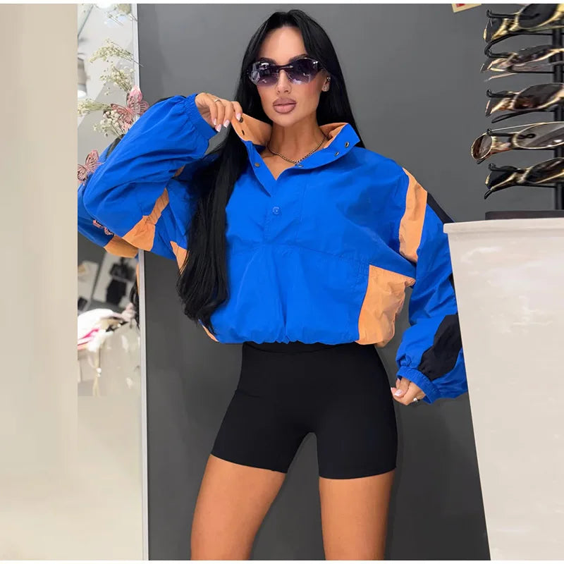 Casual Contrast Color Women's Coat Long Sleeve Loose Stand Collar Button Lady Jackets 2026 Fashion Female Autumn Outerwear
