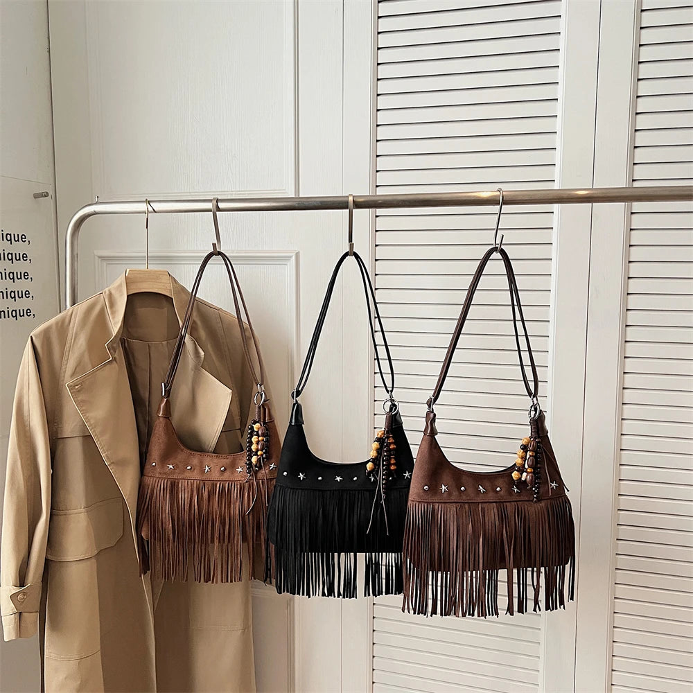 MOODS Fashion Shoulder Bags For Women Rivets Tassels Decored PU Suede Cross Body Bag 2025 Autumn Latest Luxury Designer Handbags
