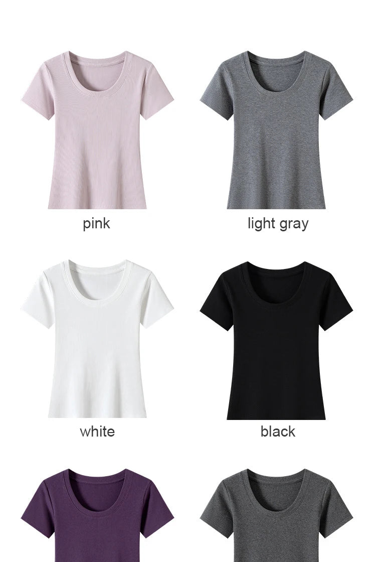 BIVIGAOS Summer New Solid Color U-Neck Short Sleeve T-Shirt Women Casual Fashionable Threaded Cotton Slim Tshirt Top