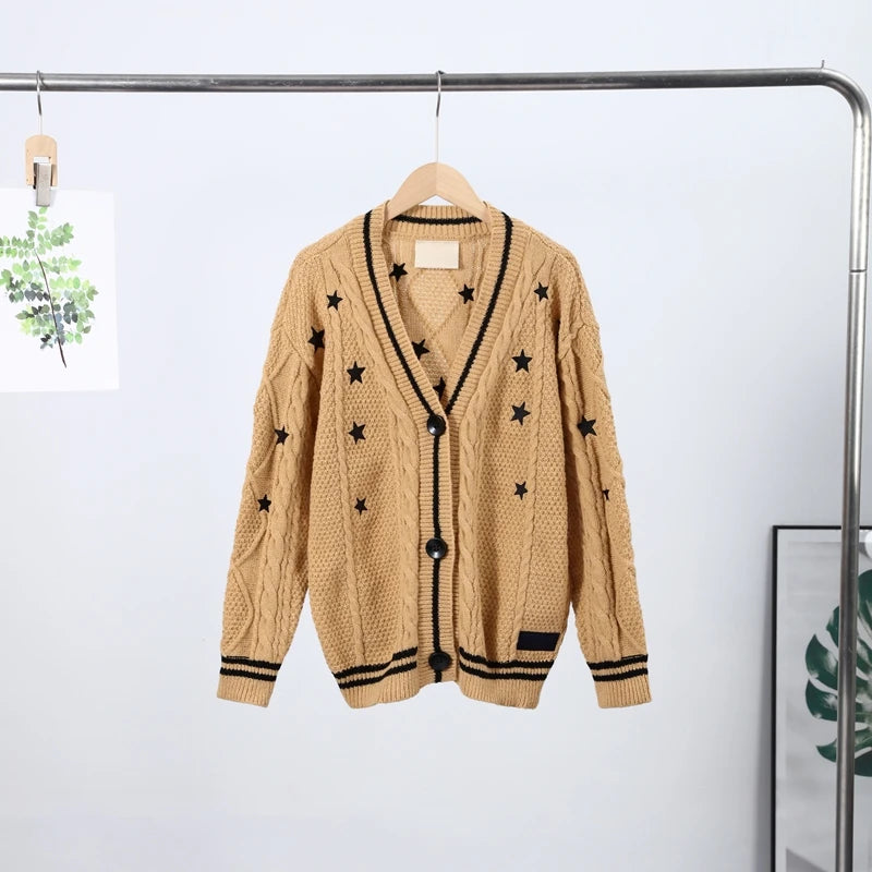 Elegant Star Print Knit Cardigan Women's Loose Long Sleeve Single Breasted Sweater 2025 Autumn Lady Fashion Soft Cozy Cover Up