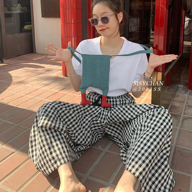 Plaid Wide-leg Skort Women's Spring Autumn New Elastic Waist A- line Half Umbrella Skirt Loose-fit Versatile Casual Trousers