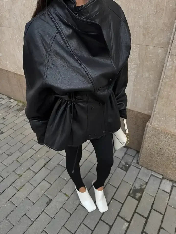 Solid Glossy Leather Jacket Women Fashion Stand Collar Zipper Pocket Cinched-waist Coat Autumn Lady Daily High Street Overcoat