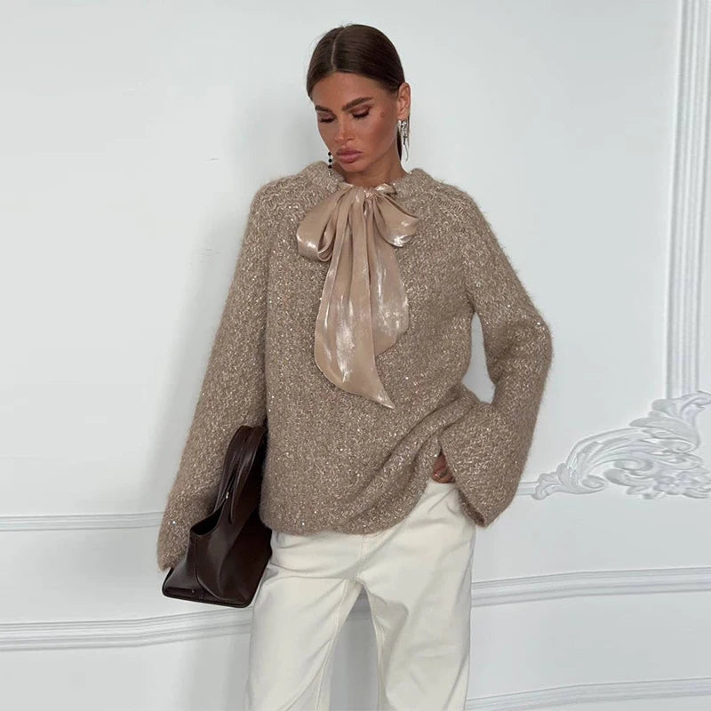 Shiny Thread Knit Pullover Women Loose O Neck Lace Up Bow Long Sleeves Sweater Female 2025 Autumn Winter New Chic Solid Knitwear