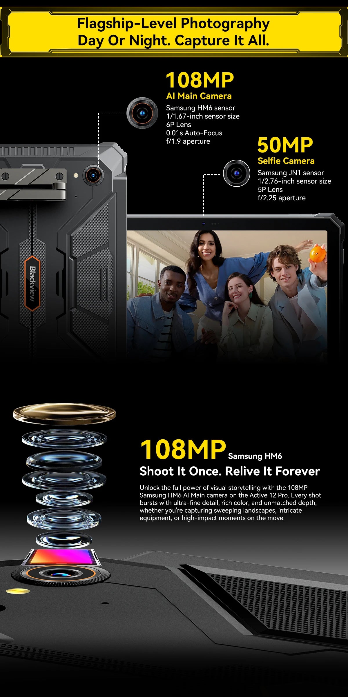 Blackview Active 12 Pro Rugged Tablet Android 15, Dimensity 7300 5G Pad 11 inch Widevine L1 Autofocus Projector, 16GB+ 1TB 30000mAh Tablet Phone 5G Calling