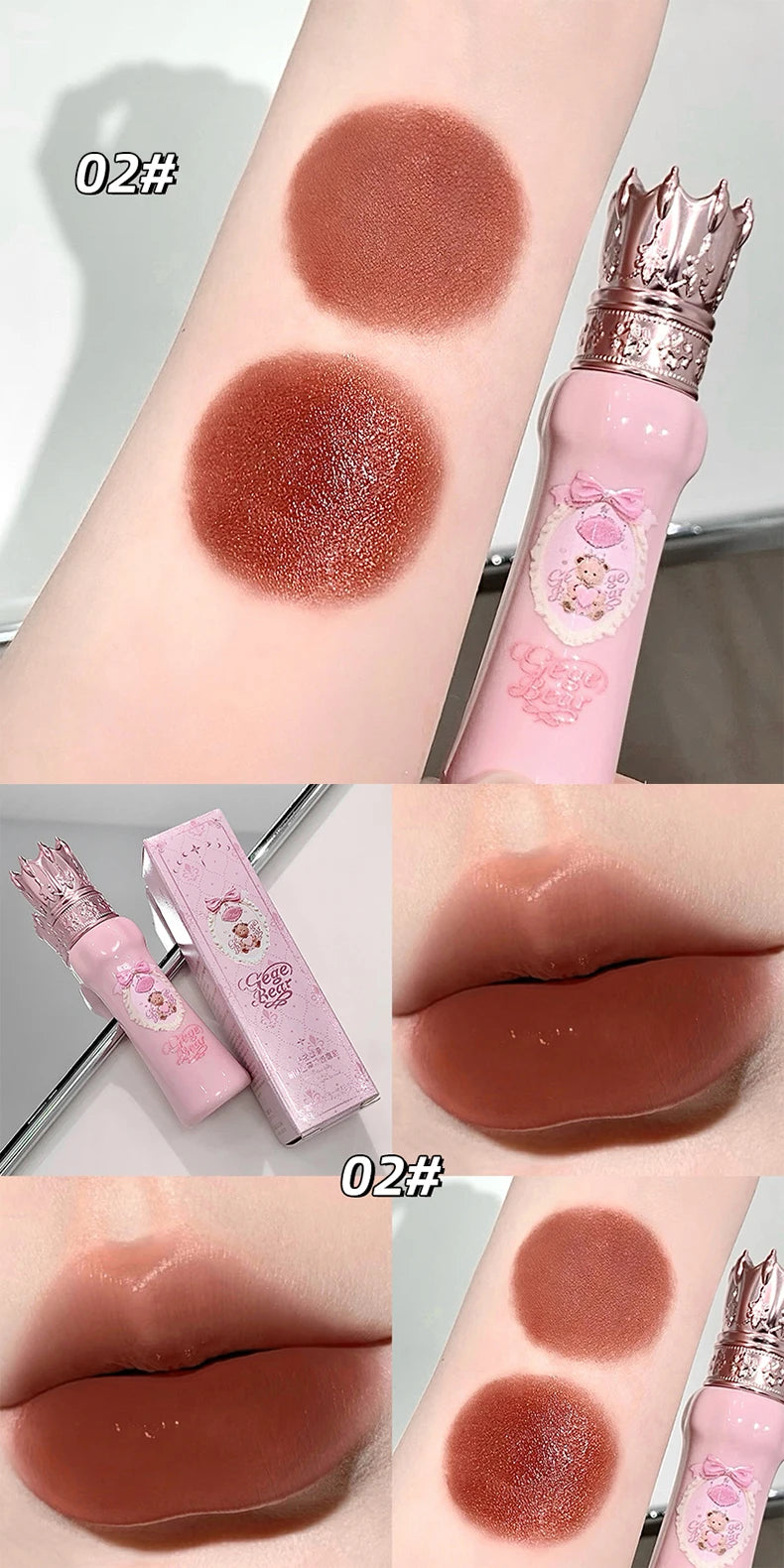 Gege Bear Silky Matte Velvet Lip Mud Moisturizing Non Drying Smooth Long-Lasting Lip Glaze Reddish-brown Autumn&winter Lip Gloss