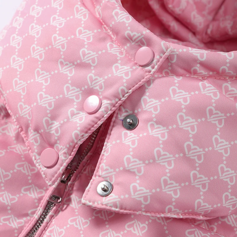 2026 Winter Printed Hooded Puffer Coat Stand Collar Zip Up Big Pockets Women Street Casual Daily Fashion Outfit Trendy Outerwear
